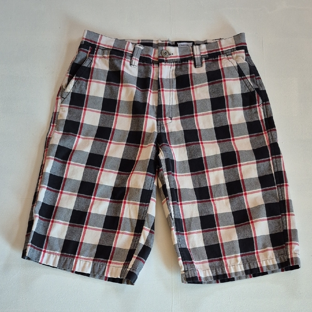 Mens Plaid Red, White, And Black Bermuda Shorts